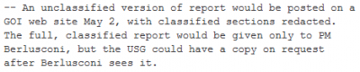 -- An unclassified version of report would be posted on a GOI web site May 2, with classified sections redacted. The full, classified report would be given only to PM Berlusconi, but the USG could have a copy on request after Berlusconi sees it.